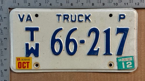 2012 Virginia truck license plate TW 66217 Ford Chevy Dodge 24033