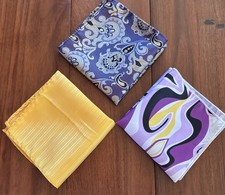 Lot Of 3 Pocket Square Handkerchief Hanky Silk Purple Yellow Hand Made 9-9.5  