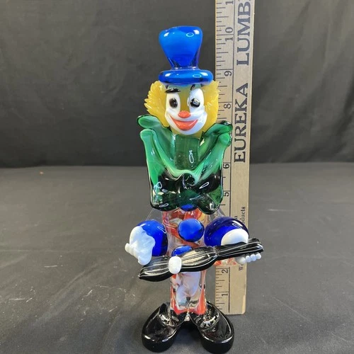 Vtg Murano Glass Clown Figurine Hand Blown With Blue Hat Holding Guitar