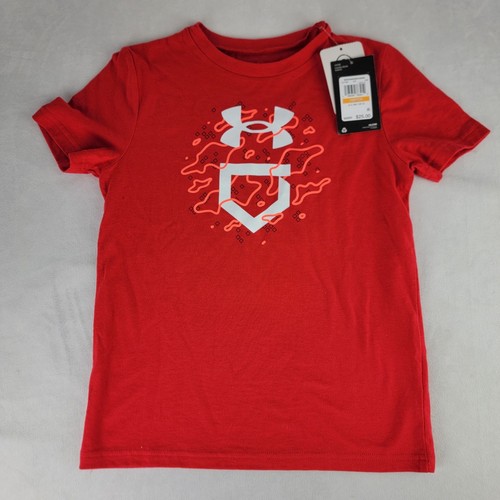 Under Armour Boys Small Tshirt Red Baseball Homw Plate Loose Fit Cotton NWT
