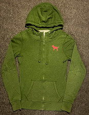 PINK Women's Full Zip Hooded Hoodie XS Green Pink Dog Logo Pockets