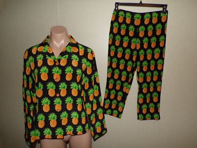 Maggy L 2PC Jacket Pants 6P Petite Black Yellow 100% Silk Pineapple Cruise Beach