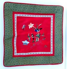 Asian inspired Embroidered satiny Pillow Cover sham Birds Red Floral flowers VTG
