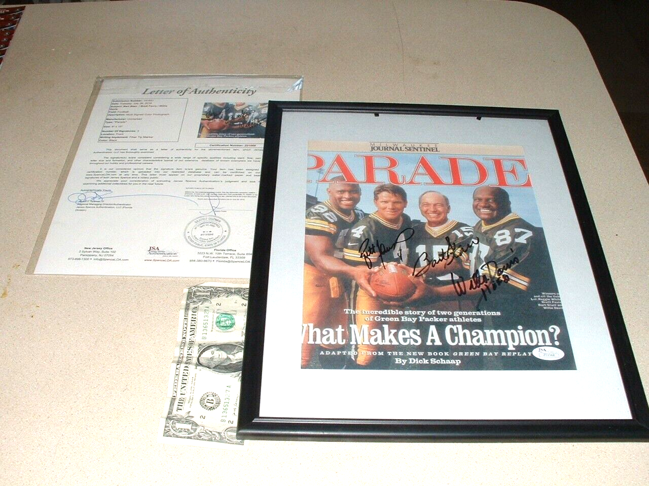 Brett Favre Autographed Signed Green Bay Packers BART STARR, , WIILIE DAVIS 3X AUTO, , PARADE MAG PHOTO JSA LOA 