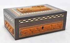 Antique Wooden Jewellery Box Original Old Hand Carved Horn Inlay