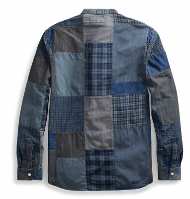 RRL Ralph Lauren Patchwork Banded Flannel Navy Shirt Indigo Plaid