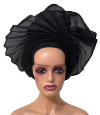Black Autogele Aso-Oke African Headtie Auto Gele, Yoruba Gele NEW