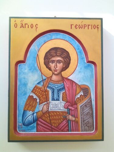 Original hand painted Saint Georgios Greek Byzantine Orthodox icon on 16x22 wood - Picture 2 of 6