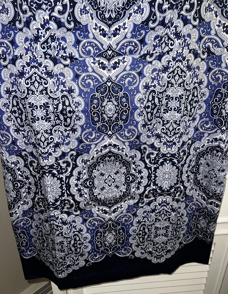 Talbots blue and navy paisley print square neck sateen cotton pencil