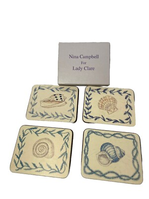 #ad Vtg Nina Campbell For Lady Clare Set Of 4 Coasters Shells Seashells Wood Felt $14.25