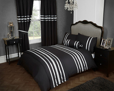 SUPER KING/EXTRA GROSS BETTBEZUG SET GLITZER SCHWARZ SILBER BORTE 200 FÄDEN 100 % BAUMWOLLE