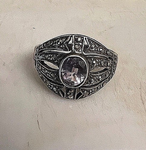Vintage 925 Sterling Silver Marcasite Amethyst Ring Size 8.75 - Picture 2 of 7