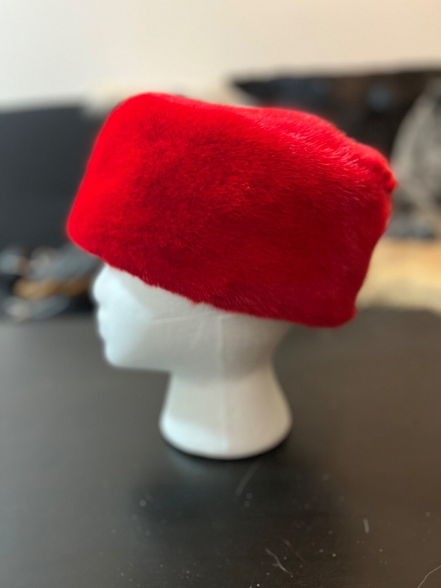 Red Mink Fur Pillbox Hat Size L Silk Lining Good for Lunar  display picture 2