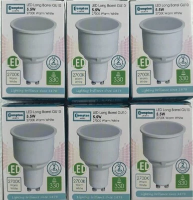 6x Crompton 5.5W GU10 Long Neck LED bulb 74mm x 50mm 2700k Warm White 13452