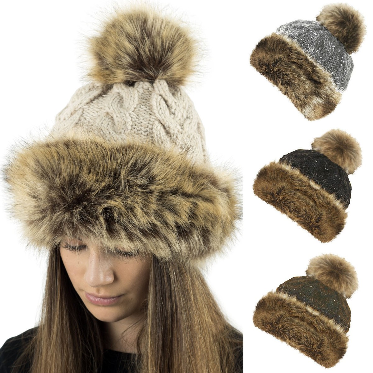 LADIES LUXURY WINTER FLEECE LINED BOBBLE BEANIE HAT WITH FAUX FUR