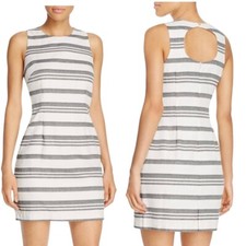 Cupcakes & Cashmere Size 10 Mini Shift Dress Ivory Navy Blue Striped Cut Out NEW