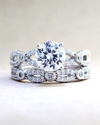 Solid 14ct White Gold 3.00Ct Round Cut Diamond Bridal Wedding Ring Set in Size Q