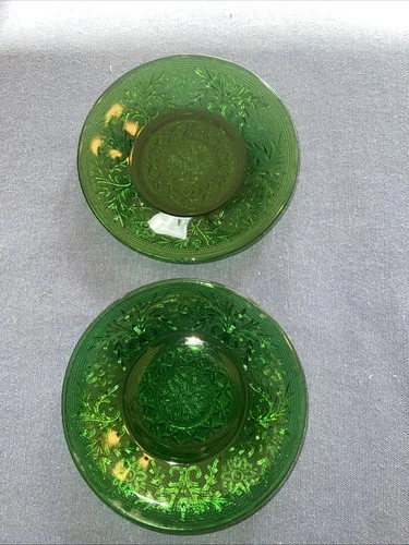 Vtg 2 Anchor Hocking Sandwich Forest Green Pressed 4 1/2" Custard Cup Plate