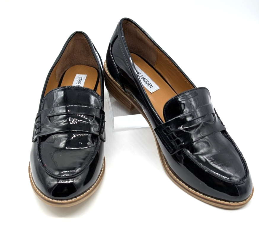 NEW Steve Madden Black Patent Penny Loafers – Sleek, Sculptural, Iconic 10M