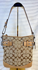 COACH Signature Jacquard Soho Shoulder Bag Tan Brown Leather Buckle 3577