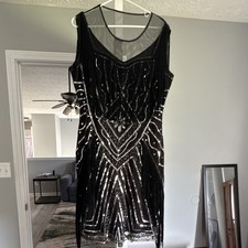 Women's Plus 18 Black Silver Sequin Fringe Flapper Dress 1920s Gatsby Art Deco