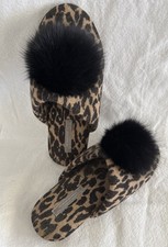 Neiman Marcus Women's Brown Leopard Slipper With Fur Pom Pom Cashmere Size M