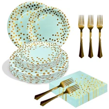 100Pcs Blue Paper Plates and Napkins Gold Dots Disposable Dinnerware Set Party