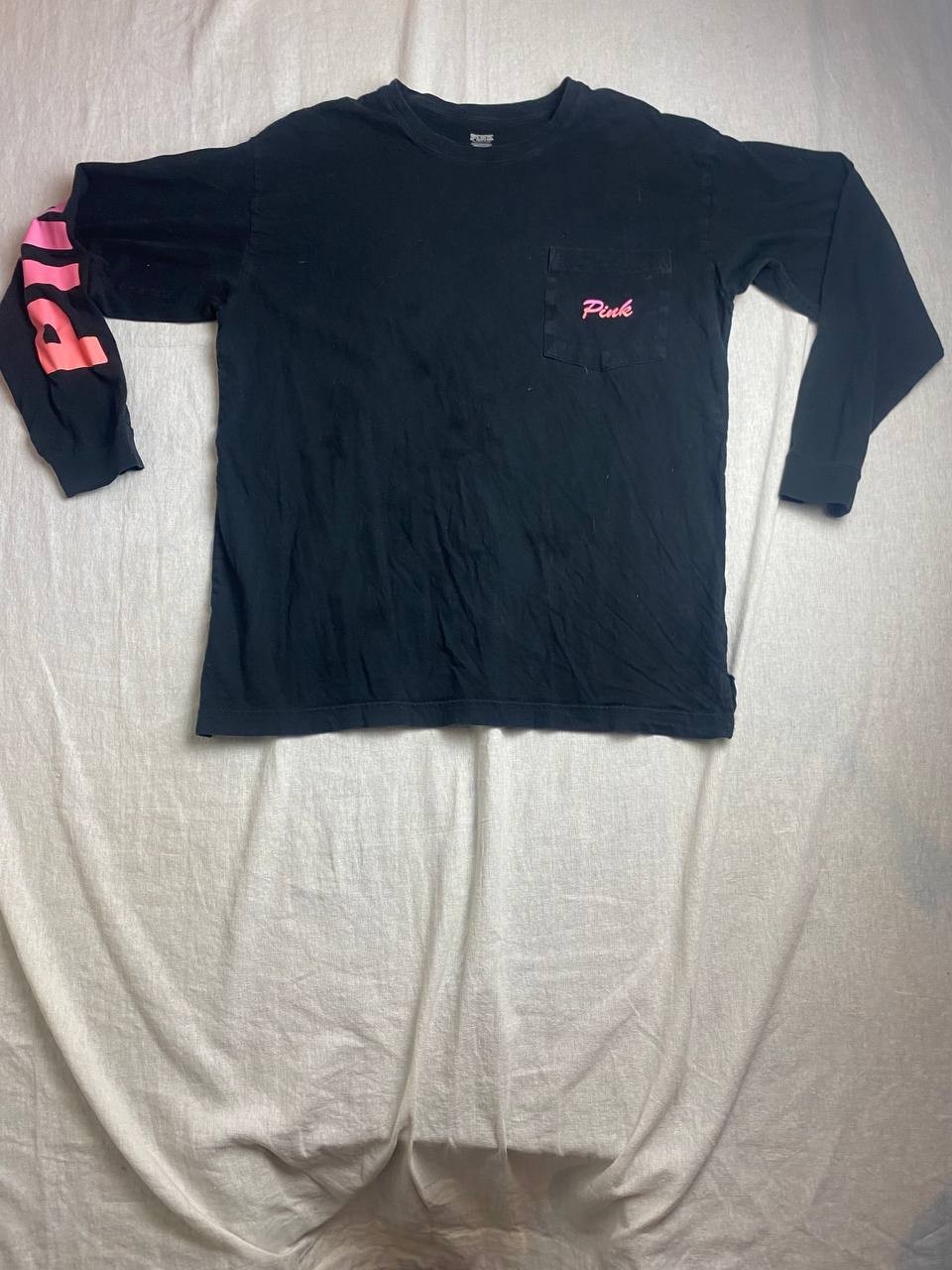 PINK Victoria's Secret Shirt Womens Large Black Graphic Print Pocket Long Sleeve