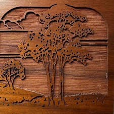 Vintage 1977 Lasercraft Walnut Wood Laser Cut Tree Scene 2 Hole Pencil Holder