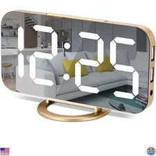 7" LED Mirrored Digital Alarm Clock - Large Display, 2 USB Ports, Auto Dim, Gold