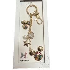 DISNEY Mickey  Minnie Mouse Bag Charm Keychain Gold Tone Colored Gems Star New