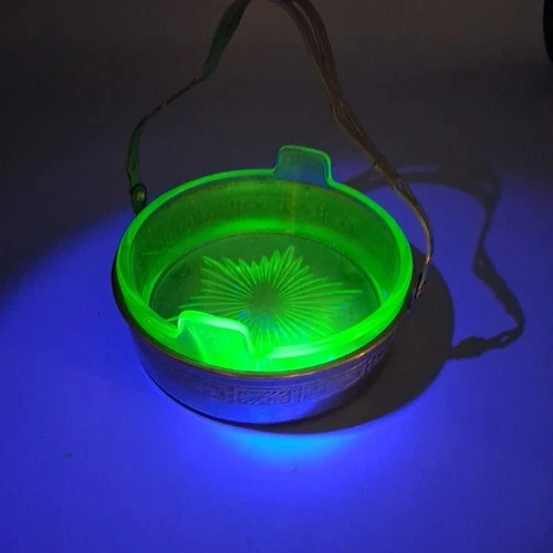 Uranium Green Glass Candy Nut Relish Dish Carrier W/ Handle VTG