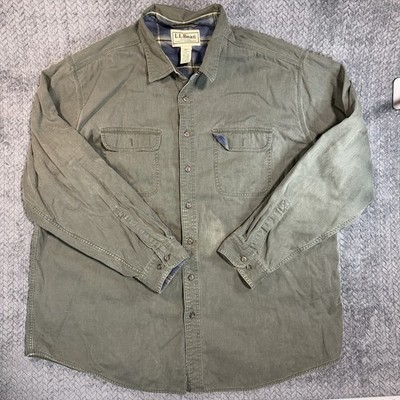 LL Bean Shirt Shacket Mens 2XL Flannel Lined Canvaas Workwear Green Button Up