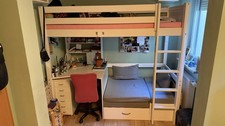 Flexa / Thuka Hochbett weiß mit Leiter, Schreibtisch, Sitzecke, Gästebett