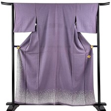 Japanese Silk Kimono M 159cm Purple Cherry blossom With seal Silver woven 015234