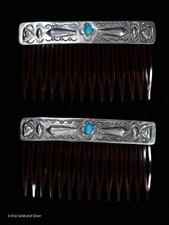 Sterling Silver Turquoise Native American 3" Hair Combs Set of Two