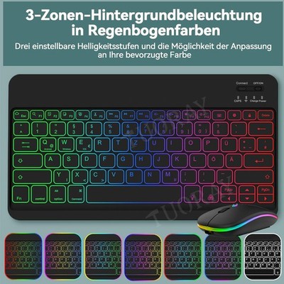 DE Beleuchtet Bluetooth Kabellos QWERTZ Tastatur Maus Für iPad Android Tablet PC