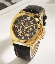 Men Automatic Watch Skeleton Marina Gold Black Leather Mechanical Luxury Sport 
