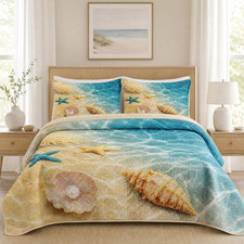 Quilt Set King Size, Summer Beach Seashell 3 Pcs Soft Bed Cover Bedding Set for