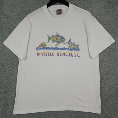 VTG Myrtle Beach Shirt Men L White Blue Block Fish Souvenir Single Stitch 90s