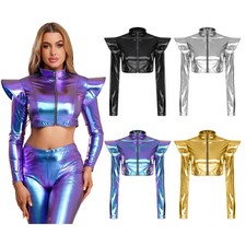 Women With Stand Up Collar Holographic Party Club Crop Jacket With Zipper Tops