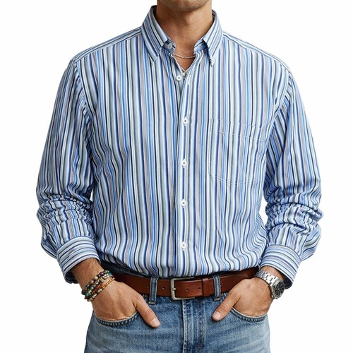 BUGATCHI UOMO Mens Long Sleeve Striped Button Down Shirt Size L Blue Roll Tab
