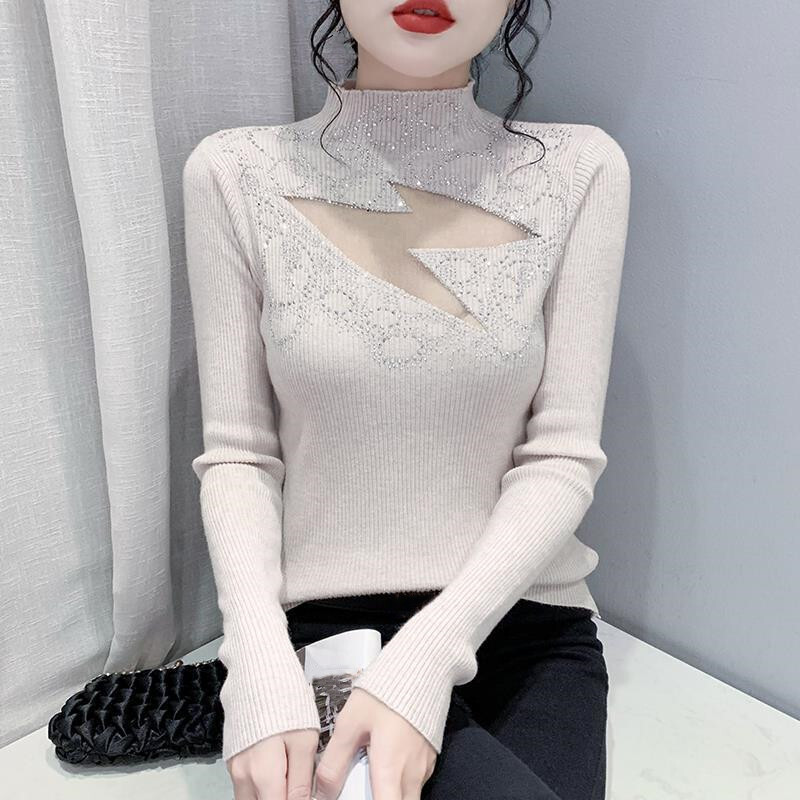 Women Glitter Rhinestones Hollow Out High Neck Long Sleeves Knitted Sweater Tops