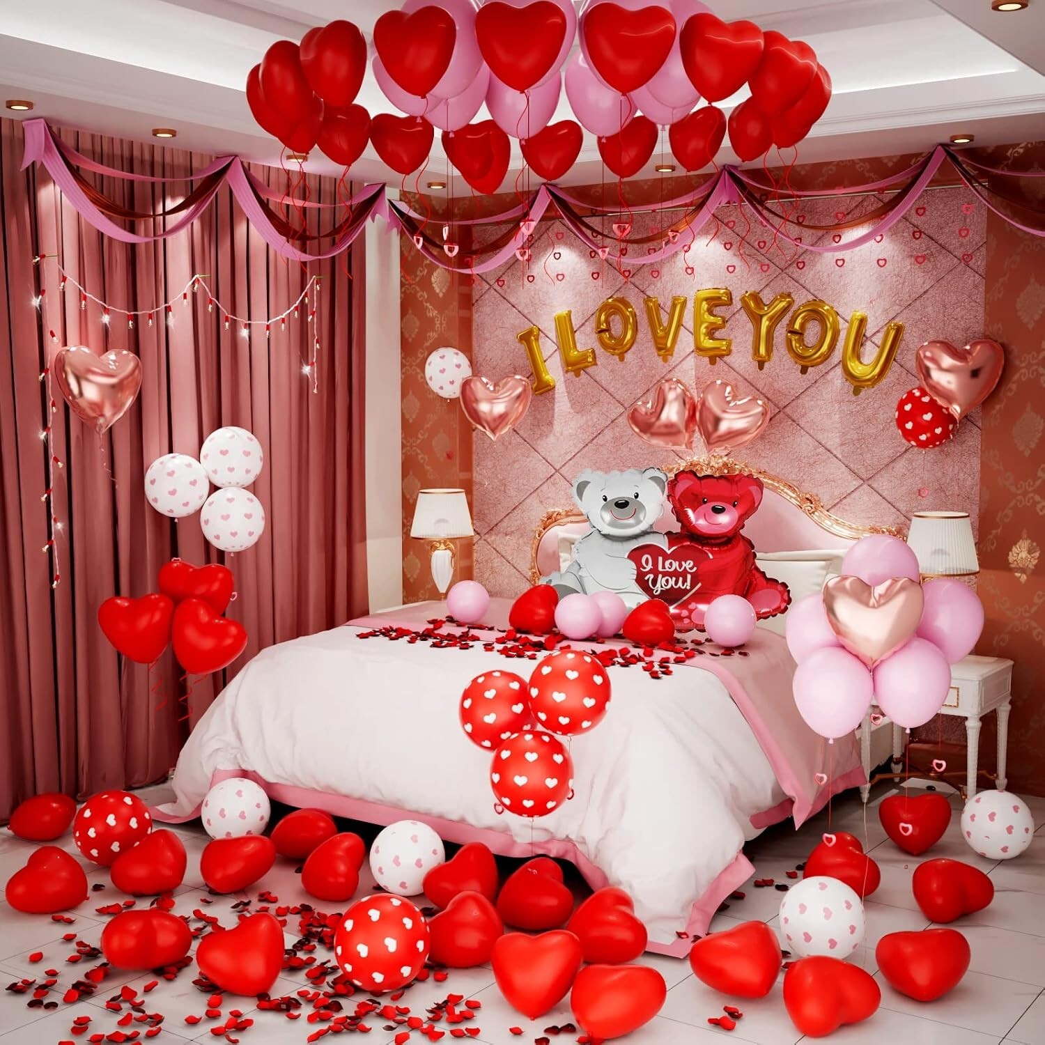 Valentine's Day Balloons Kit with I Love You Heart Bear & 1000 Pink Rose Petals