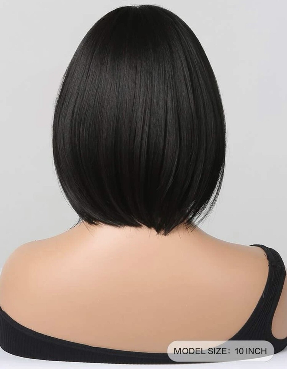 Perruque Courte Synthétique Noire Avec Frange Droite - Bonnet Moyen, +4 Bonnets Offerts !
