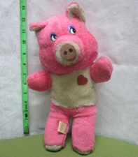 PINK PIGGY plush doll w/ heart Etone beat-up pig toy 1984 farm hog
