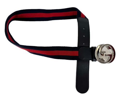 Gucci Auténtico 80 cm 32 pulgadas Rojo Azul Tela Cuero Cinturón Tono Plateado Hebilla GG