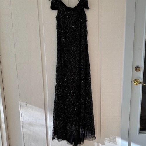 ADRIANNA PAPELL Beaded Off The Shoulder Gown (size 14) Black Some Stretch - Picture 5 of 8