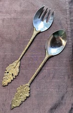 Leaf Salad Servers Metalware 12" Nature Fork Spoon Bark/Leaf Figural Handles