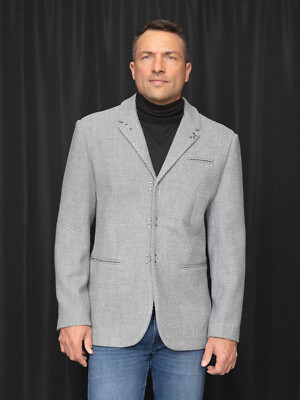 NWT SIZE L GREY MENS BLAZER, TAILOR FIT, FANCY HOOK BUTTON ONE OF A KIND